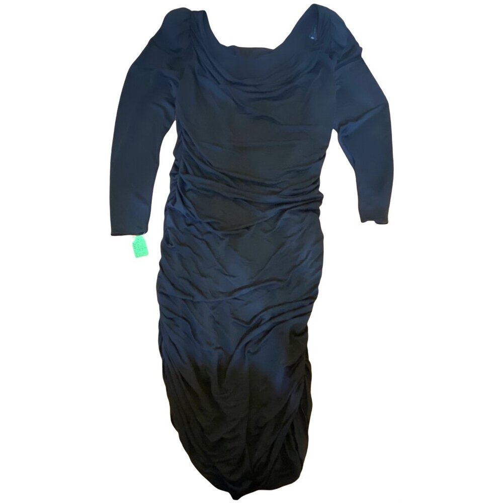 Vintage New Leaf By Samir Black Long Sleeve Ruched Midi Dress